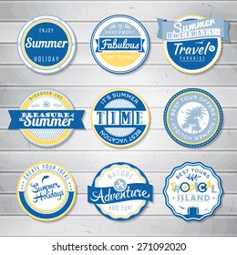 Retro badges for your design on wooden background. Vintage summer typography design. Summer holidays, travel, vacation adventure labels template set. Vector illustration.