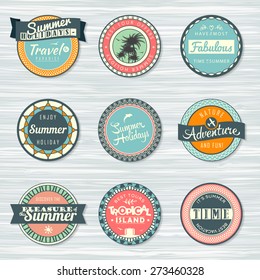 Retro badges for your design on wooden background. Vintage summer typography design. Summer holidays, travel, vacation, adventure labels template set. Vector illustration.