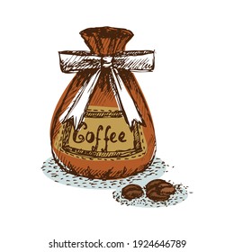 Retro bag of coffee beans with ribbon doodle vector illustration