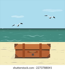 Retro baggage on the beach. Summer, see, gull. Vector illustration.