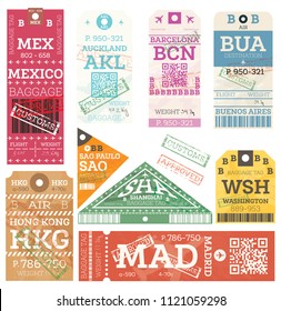 Retro Baggage Tags. Vector Illustration. Luggage Label from Mexico, Auckland, Barcelona, Buenos Aires, Hong Kong, Sao Paulo, Shanghai, Madrid and Washington DC.