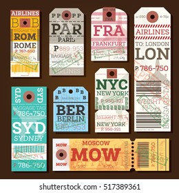 Retro Baggage Tags. Vector Illustration. Luggage Label From Rome, Paris, Frankfurt, London, Sydney, Berlin, Moscow And New York