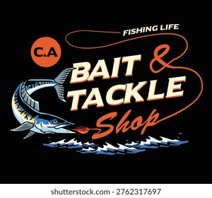Retro bait and tackle shop logo featuring a mackerel fish and fishing line typography