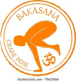 Retro Bakasna Crane Yoga Pose in Passport Stamp Style Vector Illustration