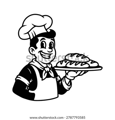  Retro baker chef mascot holding fresh bread in black and white cartoon style