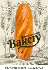 Retro Bakery ads, delicious giant french bread in 3d illustration with wheat field and countryside scenery in etching shading style