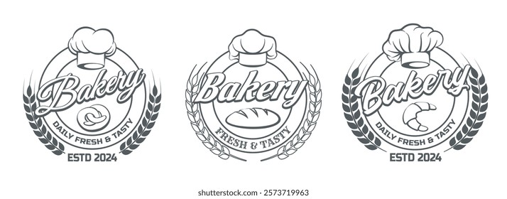 Retro bakery emblem set. Cook cap and bread pretzel croissant monochrome logo isolated vector illustration