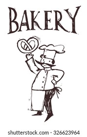 Retro Bakery label and baker. Cartoon baker.