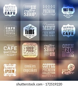 Retro bakery labels and typography. Blur, shadows background. Coffee shop, cafe, menu design elements, calligraphic