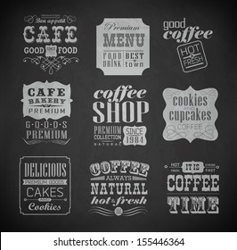 Retro Bakery Labels And Typography, Coffee Shop, Cafe, Menu Design Elements, Chalk Calligraphic Drawing With Chalk On Blackboard