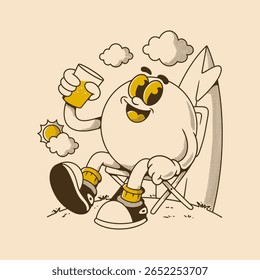 Retro ball head character With Cool Surfer And Fizzy Drink