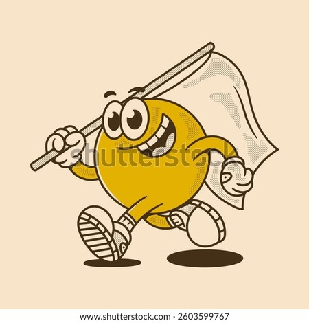 Retro ball head character running and holding a flag