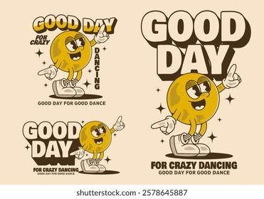 Retro ball head mascot character in dance pose in 3 version