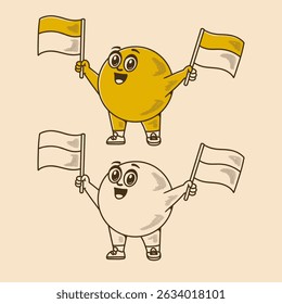 Retro ball head mascot character holding a flag