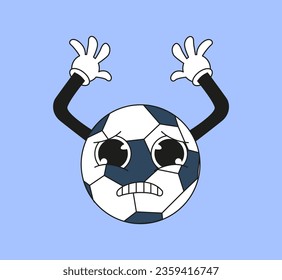 Retro ball sticker concept. Back to 80s and 90s. Sports equipment with hands and eyes. Poster or banner for website. Cartoon flat vector illustration isolated on blue background