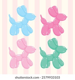 Retro Balloon Dog in Vibrant Pastel Minimalist Hand Drawn Flat Design set