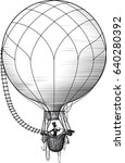 Retro balloonist flies in a balloon and watches the surroundings in a large telescope