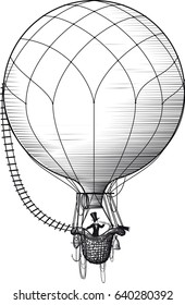 Retro balloonist flies in a balloon and watches the surroundings in a large telescope