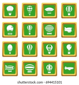 Retro balloons aircraft icons set in green color isolated vector illustration for web and any design