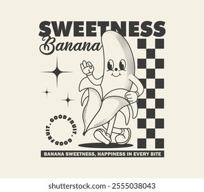 Retro banana cartoon character with sweetness slogan, perfect for graphic tees, posters, stickers, merchandise, and more