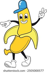 Mascota de plátano retro. Personaje cómico divertido de la fruta aislado en el fondo blanco