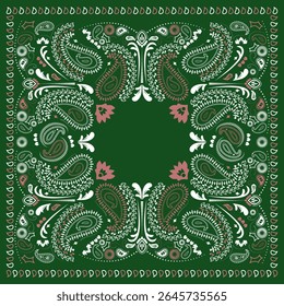 Banda retrô com padrão de paisley. Design floral abstrato. impressão retro bandana em tons verdes e vermelhos, com ornamentos étnicos e redemoinhos abstratos.