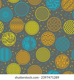 Retro bandana print geometric seamless ornament. Bubble shapes with oriental patterns inside. Arabic motives in bubbles. Speckled texture background. Gift wrapper design.