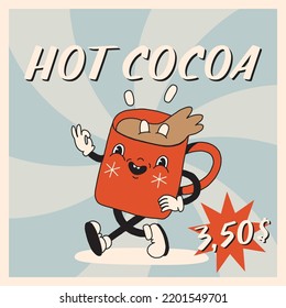 Retro banner with 30s cartoon mascot character - cup of hot drink. 40s, 50s, 60s old animation style. Vintage comic winter cafe, Christmas drink advertisement, vector. Happy, smile emotions. Isolated