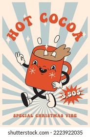 Cartel retro con personaje de mascota de dibujos animados de los años 30 - taza de bebida caliente. Los años 40, 50 y 60 con estilo de animación. Café de invierno de historietas vintage, publicidad de bebidas de Navidad, vector. Sentimientos felices y sonrientes. Aislado