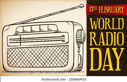 Retro banner with analog old radio in hand drawn style in a scroll next to a speaker and greeting red ribbon to celebrate World Radio Day this 13th February.