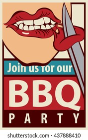 Retro banner barbecue grill party with a human-eating mouth piece of meat with a knife