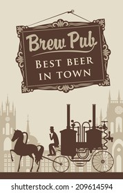 retro banner with the brewery on a horse cart