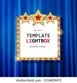 Retro banner with bulbs for your projects. Light banner, vintage billboard or bright signboard. Against the red curtain. Modern vector illustration.