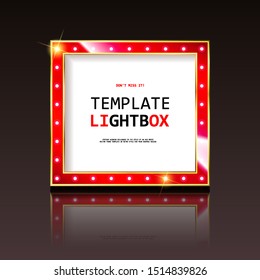Retro banner with bulbs for your projects. Light banner, vintage billboard or bright signboard. Cinema or theatre lightbox frame for ads. Light sign in bright design. Modern vector illustration.