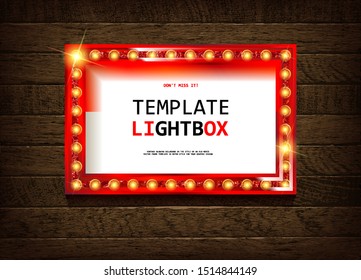 Retro banner with bulbs for your projects. Light banner, vintage billboard or bright signboard. Cinema or theatre lightbox frame for ads. Light sign in bright design. Against an old wooden wall