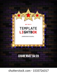 Retro banner with bulbs for your projects. Light banner, vintage billboard or bright signboard. Cinema or theatre lightbox frame for ads. Against a vintage brick wall. Modern vector illustration.