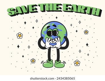 Retro banner with cartoon character globe. Vector retro cute Earth planet mascot. Lettering save the planet. Ecology poster, postcard for world Earth day. Vector illustration