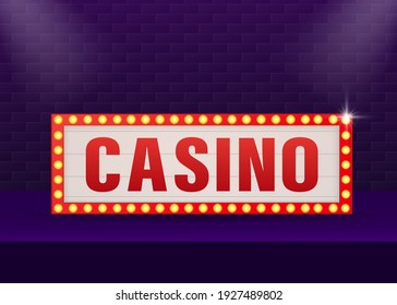 Retro banner casino on purple backdrop. Light effect. Bright star. Vector design banner. Game sign.
