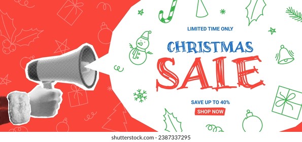 Retro banner for Christmas sale. Vector illustration with retro halftone Santa Claus hand holding loudspeaker, speech bubble with doodles. Christmas or New Year collage for ads, poster, social media.