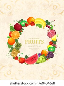 retro banner with circle frame of fresh fruits and berries for your design