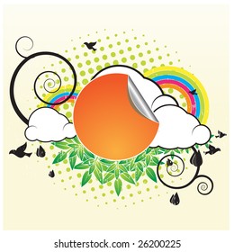 Retro Banner With Clouds and birds flying around with rainbows in background