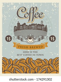 retro banner with coffee cup and beans against the background of the old town