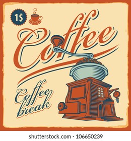 retro banner with the coffee grinder - cafe