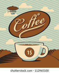 Retro banner with a cup of coffee in the landscape