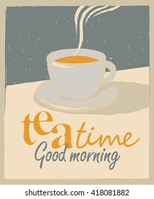 retro banner with a cup of tea on the table