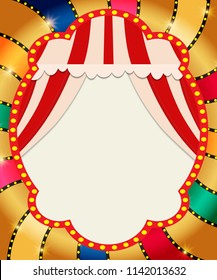 Retro banner with curtain on colorful shining background. Vector illustration