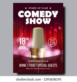Retro Banner Of Evening Comedy Live Show Vector. Studio Vintage Golden Microphone, Red Curtain And Decoration Design Confetti On Beautiful Banner. Humor Leisure Time In Club Realistic 3d Illustration
