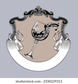 Banner retro y cristal de caída con vino salpicado en marco decorativo antiguo. Dibujo estilizado de grabado de época. Ilustración del vector