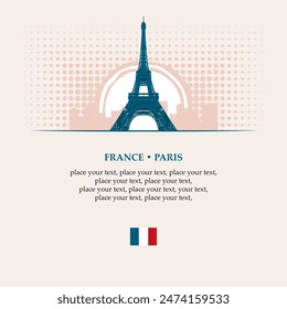 Retro banner with the famous french Eiffel tower in Paris, France. Vector postcard in vintage style with flag french