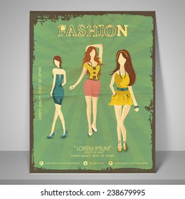 Retro Banner And Flyer For Fashion Show With Image Of Young Girls Wearing Stylish Clothes With Address Bar And Mailer.